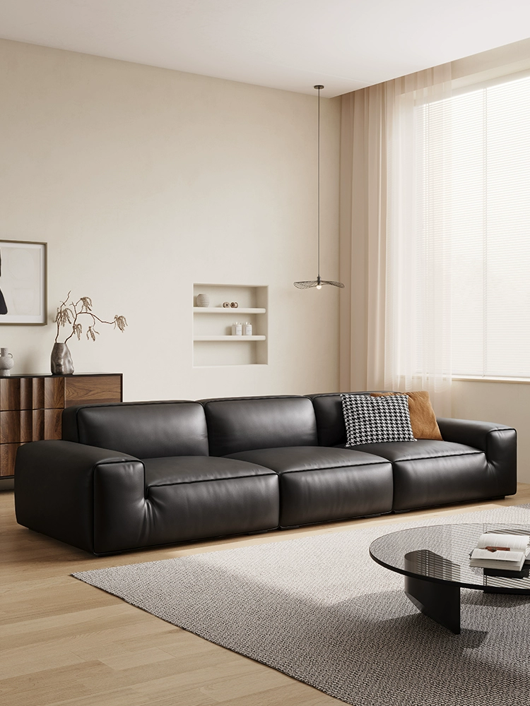 Italian Minimalist Summer Picture Big Black Cow Full Leather Sofa Full-grain Leather Straight Row Tofu Block down Three Four-Seat