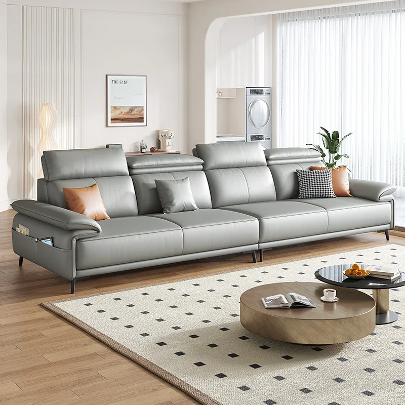 Leather sofa Italian minimalist first layer cowhide simple light luxury modern living room inline three-person leather furniture