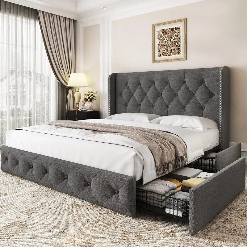 Queen Size Bed Frame Tufted Platform Bed with 4 Storage Drawers and Headboard Linen Upholstered Bed Frame Wingback Beds