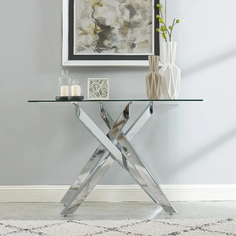 Modern Style Console Table Narrow Sofa Table with Tempered Glass Top and Metal Tubular Legs, 45″ Lx18 Wx30 H, Silver