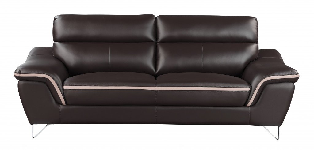 86″ Brown And Silver Leather Sofa