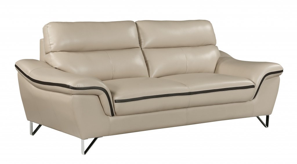 86″ Beige And Silver Leather Sofa