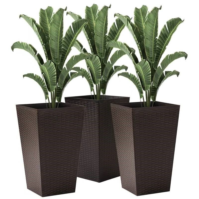 Set of 3 – Brown Faux Rattan Plastic Tall Large Flower Pots