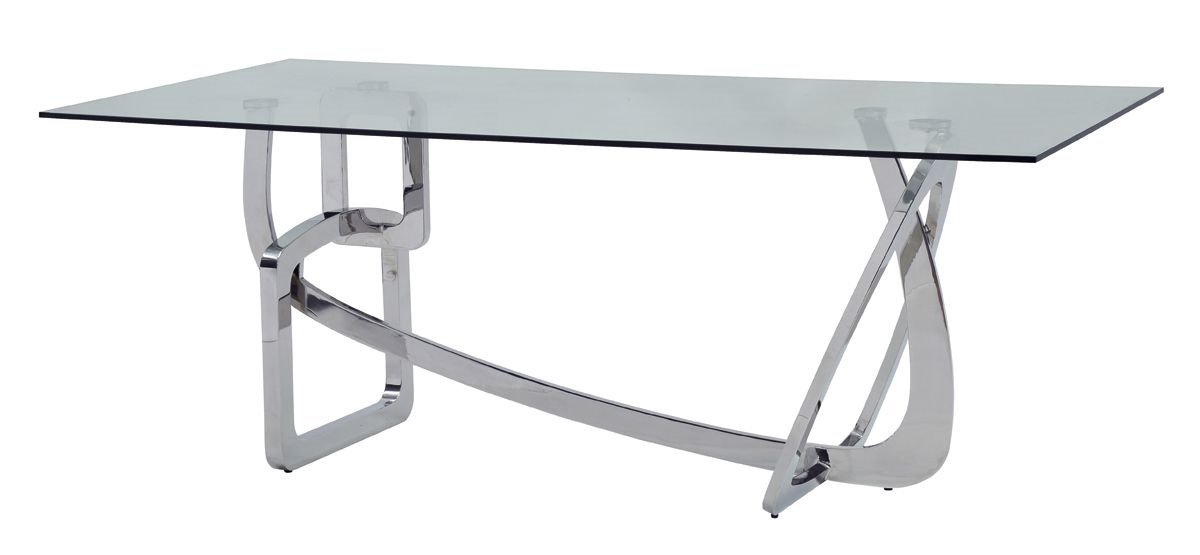 79″ Clear And Silver Glass And Stainless Steel Trestle Base Dining Table