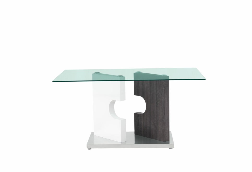 36″ Clear And Gray Glass And Stainless Steel Double Pedestal Base Dining Table