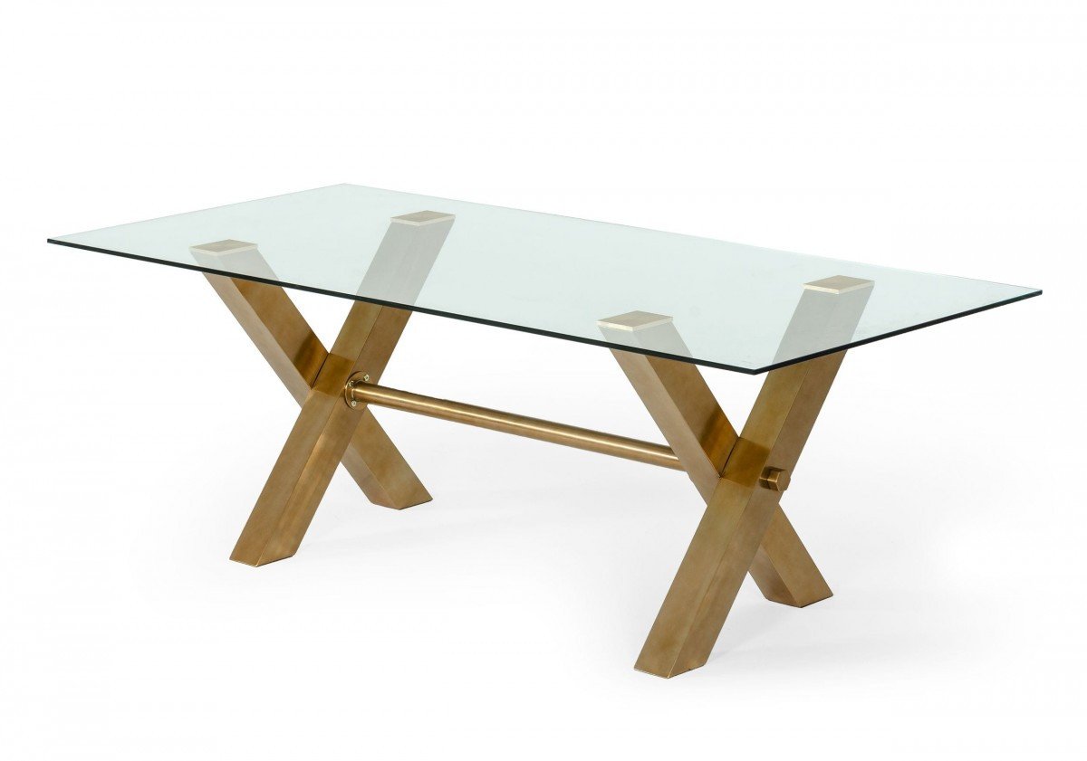 87″ Clear And Gold Glass And Stainless Steel Sled Base Dining Table