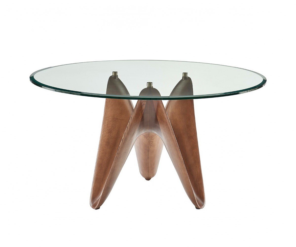 59″ Clear And Walnut Rounded Glass And Solid Manufactured Wood Dining Table