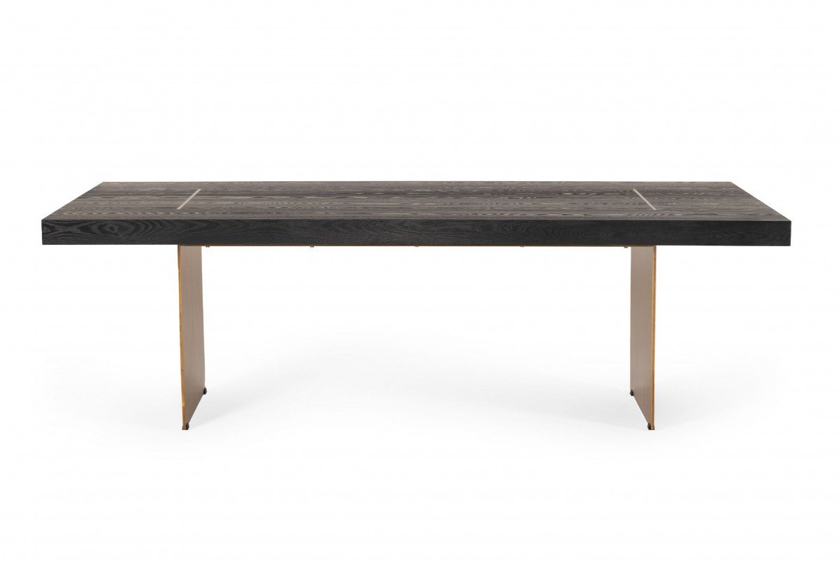 95″ Dark Brown And Brass Metal Sled Base Dining Table