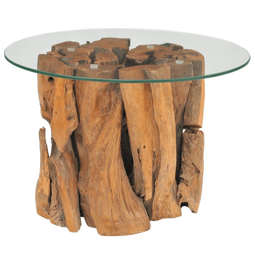 vidaXL Coffee Table Round End Table with Glass Tabletop Solid Teak Driftwood